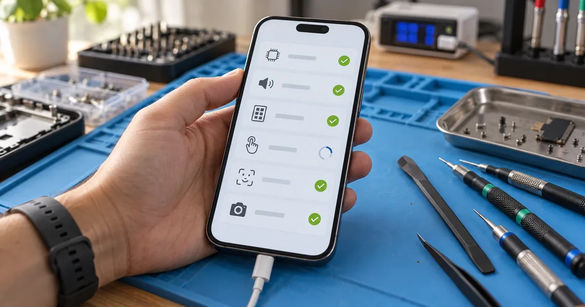Roka drži iPhone na modri servisni podlogi, na zaslonu je seznam šestih diagnostičnih testov z zelenimi kljukicami, telefon je priključen na kabel