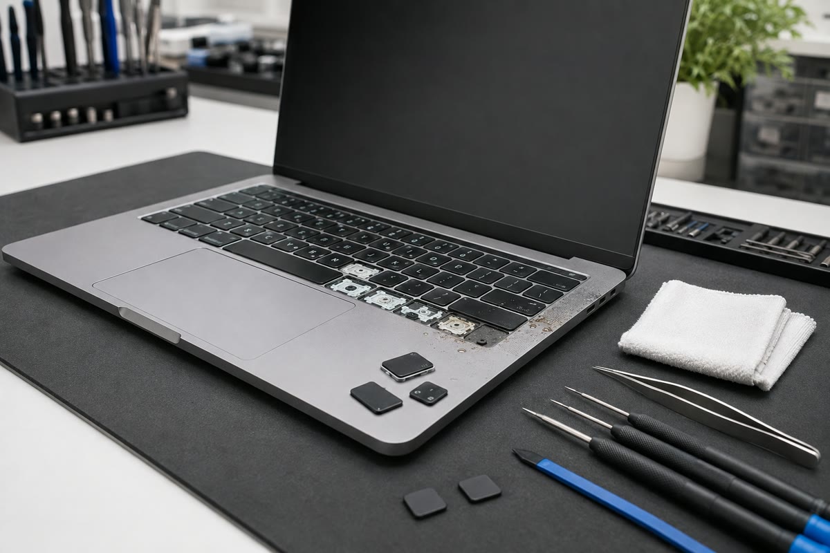 Ilustrativni prikaz: servisni primer za MacBook Pro s polito tipkovnico
